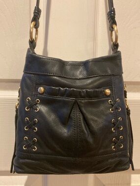 Rebecca Minkoff Black Leather Shoulder Crossbody Bag Boho Fringe Gold Hardware